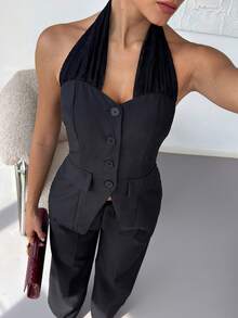 Lavishia Women's Lace Halter Neck Top, Summer Early Autumn, Commute Elegant Fashion Streetwear - Black - View 1