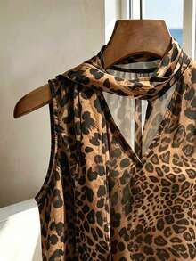 SHEIN Franclia Women's Vintage Leopard Print Ribbon Sleeveless Blouse, Elegant Commuter Slimming Chiffon Shirt - Brown - View 3