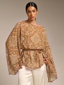 COSMINA Women's Elegant Floral Print Loose Batwing Sleeve Blouse, Versatile For Spring, Summer, Autumn, Winter, Commuting, Office, Outings, Spring Dates, Daily Wear, Wedding Season, Wedding Guest, Beach Vacation - Brown - View 5