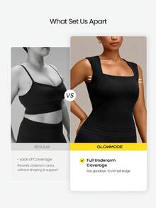 GLOWMODE FeatherFit™ Plus Size Let Your Glow Show Square Neck Waist Length Tank With Removable Cups Low Impact Yoga Pilates Studio Daily Active - Black - View 3