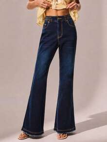 Willow Rêve Women's Vintage Blue Woven Mid-Waist Flare Jeans, Boho Style, Casual Vacation Style, Slimming, Leg-Flattering - Blue - View 4