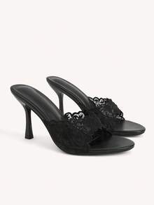 CUCCOO CHICEST 女款刺繡蕾絲圓頭細高跟涼鞋 - 黑色 - 查看 1
