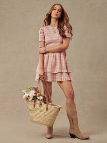 WESTFADE Embroidered Plaid Smocked Short Sleeve Tiered Ruffle Mini Dress, Church Dress, Western, Country, Cowgirl, Rodeo, Fall, Summer, School - Multicolor - View 3
