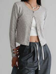 DAZY Women Loose Solid Color Round Neck Long Sleeve Open Front T-Shirt, Casual Autumn,Fall Women Clothes - Grey - View 8