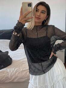 FRIFUL Women's Casual Slim Fit Mesh Sheer Layered High Neck Long Sleeve Blouse With Ruched Cuffs Going Out Tops - Black - View 10