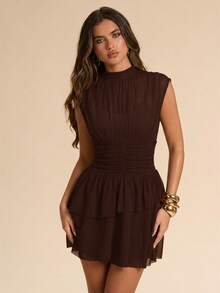 SHEIN BAE Spring/Summer Solid Dark Brown Stand Collar Sleeveless Ruched Chest Gathered Waist Multi-Layer Asymmetric Ruffle Cake Dress, Sweet Fairy Style - Coffee Brown - View 4