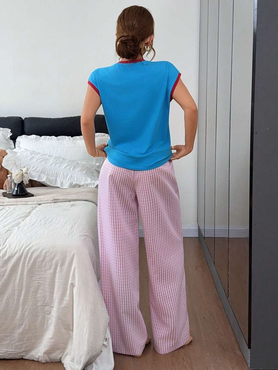 Happy Puppy Pattern Thin Sleeveless T-Shirt & Pants 2-Piece Set, Dopamine Color Block Summer Outfit, Women's Loungewear Pajama Set