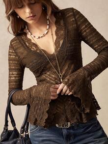 Bohemela Women's V-Neck Flared Sleeve Lace Fitted Fashion T-Shirt - Coffee Brown - View 3
