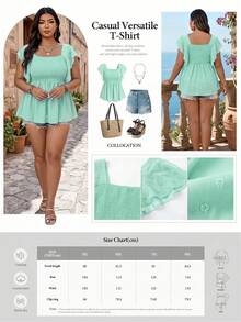 SHEIN CURVE+ 女款大尺碼方領荷葉袖顯瘦休閒襯衫 - 綠色 - 查看 2