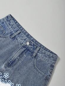 SHEIN MOD Damen Farbblock Patchwork bestickter plissierter Denim Rock - Blau - Übersicht 3