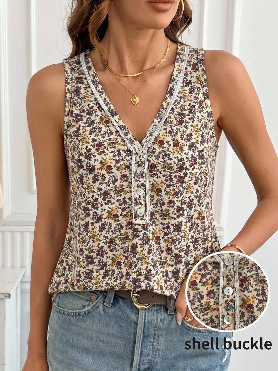 SHEIN Clasi 女款V領滿版印花休閒百搭日常穿著上衣 - 彩色 - 查看 1