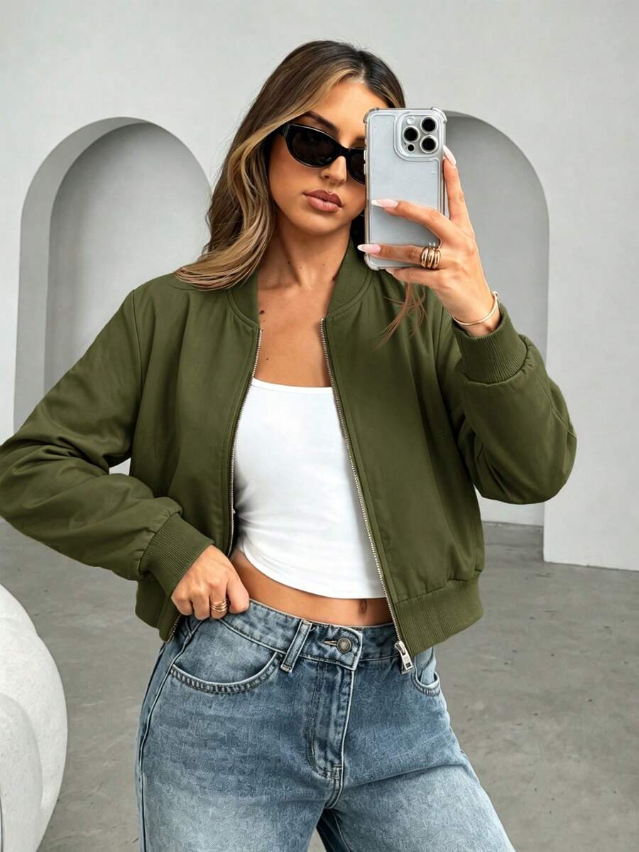Siren Gaze Chaqueta Bomber Cortavientos con Cremallera para Otoño/Invierno - Verde militar - Ver 1