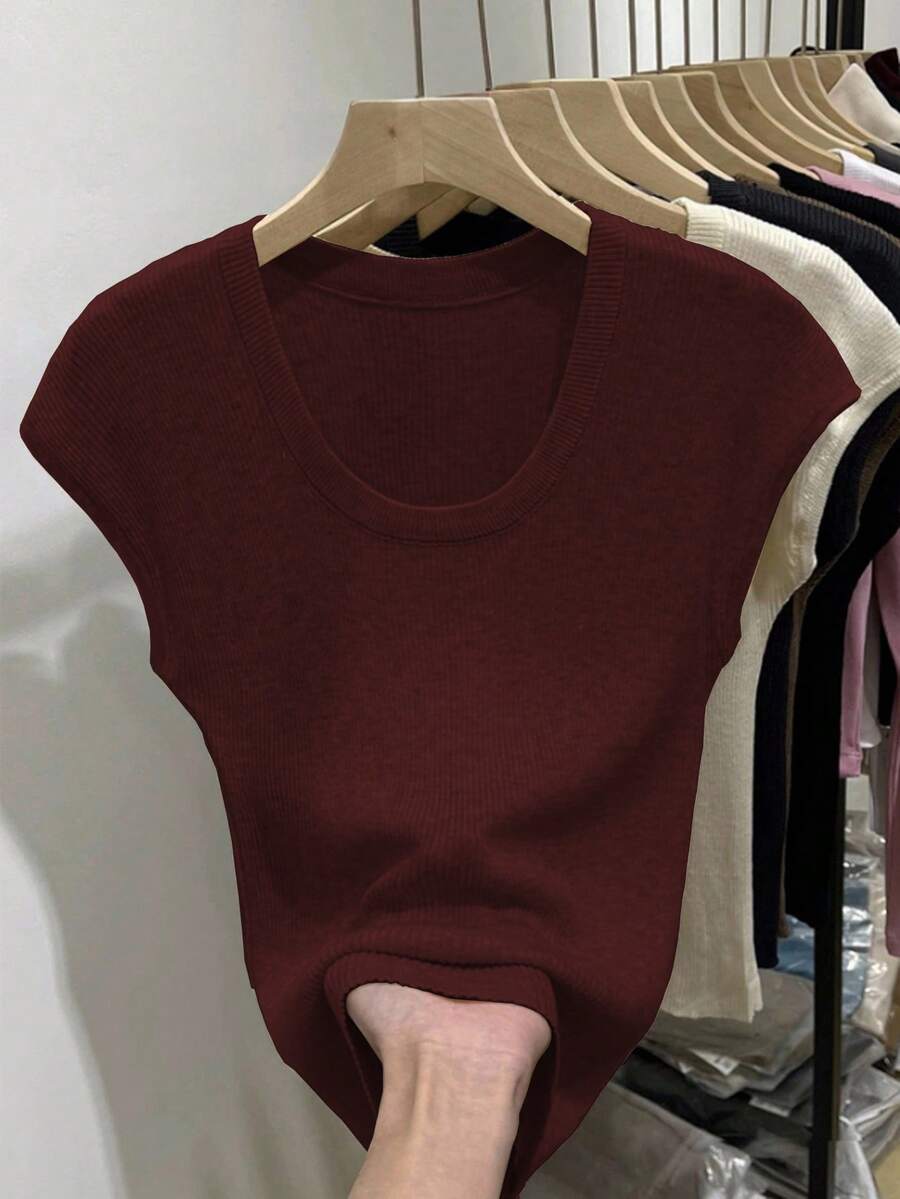 SHEIN 春夏新款 U 領短袖針織上衣 - 玫瑰紅 - 查看 1