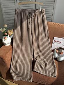 Comfortcana Plus Size Women's Waist Tie Striped Wide Leg Loose Casual Pants - Khaki - View 4