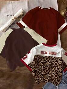 SHEIN 3pcs/Set Colorblock, Burgundy & Brown & Leopard Print Young Girl Casual Minimalist Short Sleeve Round Neck T-Shirt Set - Multicolor - View 2