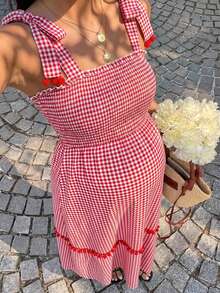 SHEIN 孕妇夏季度假格子荷叶边开衩吊带连衣裙 - 紅色 - 查看 1