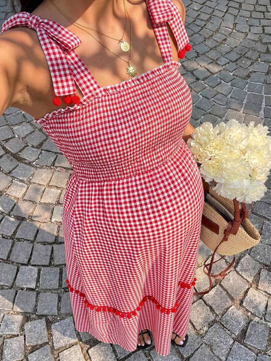 SHEIN 孕妇夏季度假格子荷叶边开衩吊带连衣裙 - 紅色 - 查看 1