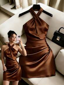 GlowEve Women's Halter Neck Backless Solid Color Ruched Criss-Cross Neckline Dress - Brown - View 4
