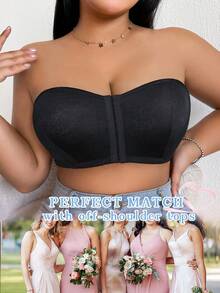 Crystal Vow 1pc Front Closure Strapless Bandeau Bra, Anti-Slip Anti-Slip-Off Anti-Exposure, Summer, With Free Regular Shoulder Strap - Black - View 8