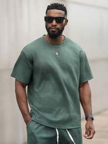 thenoahjr thenoahjr 2-Pieces Men's Geometric Print Round Neck Short Sleeve T-Shirt And Drawstring Waist Shorts Set, Casual Men Two Pieces Casual Short Sets Men 2 Pieces Outfits Men's Co Ord Set Short Men Summer Sweatsuit,Fall Clothes Fleece - Dark Green - View 3