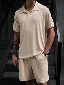 Manfinity CasualCool 男士休閒寬鬆短袖 Polo 衫套裝，出遊必備，送給家人和男友的禮物 - 杏色 - 查看 3