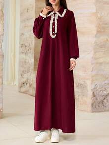 SHEIN Najma Women's Casual Elegant Arabian Dress With Polo Collar, Contrast Color Patchwork, Lace Trim, Long Sleeves, Button Front, Flared Hem And Textured Fabric - Burgundy - View 5