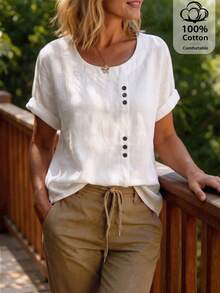 EMERY ROSE Women's Solid Color Round Neck Casual Daily Button Decorated Short Sleeve Shirt - White - View 1