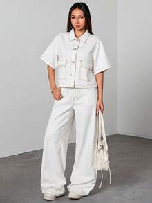 SHEIN 青少年女孩短袖單排扣休閒牛仔夾克 - 白色 - 查看 6