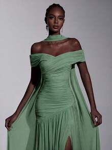 Elitara Elegant Minimalist Chic Off-Shoulder Ruched Asymmetric A-Line High Slit Dress, Suitable For Weddings, Formal Events, Galas, And Cocktail Parties - Green - View 6