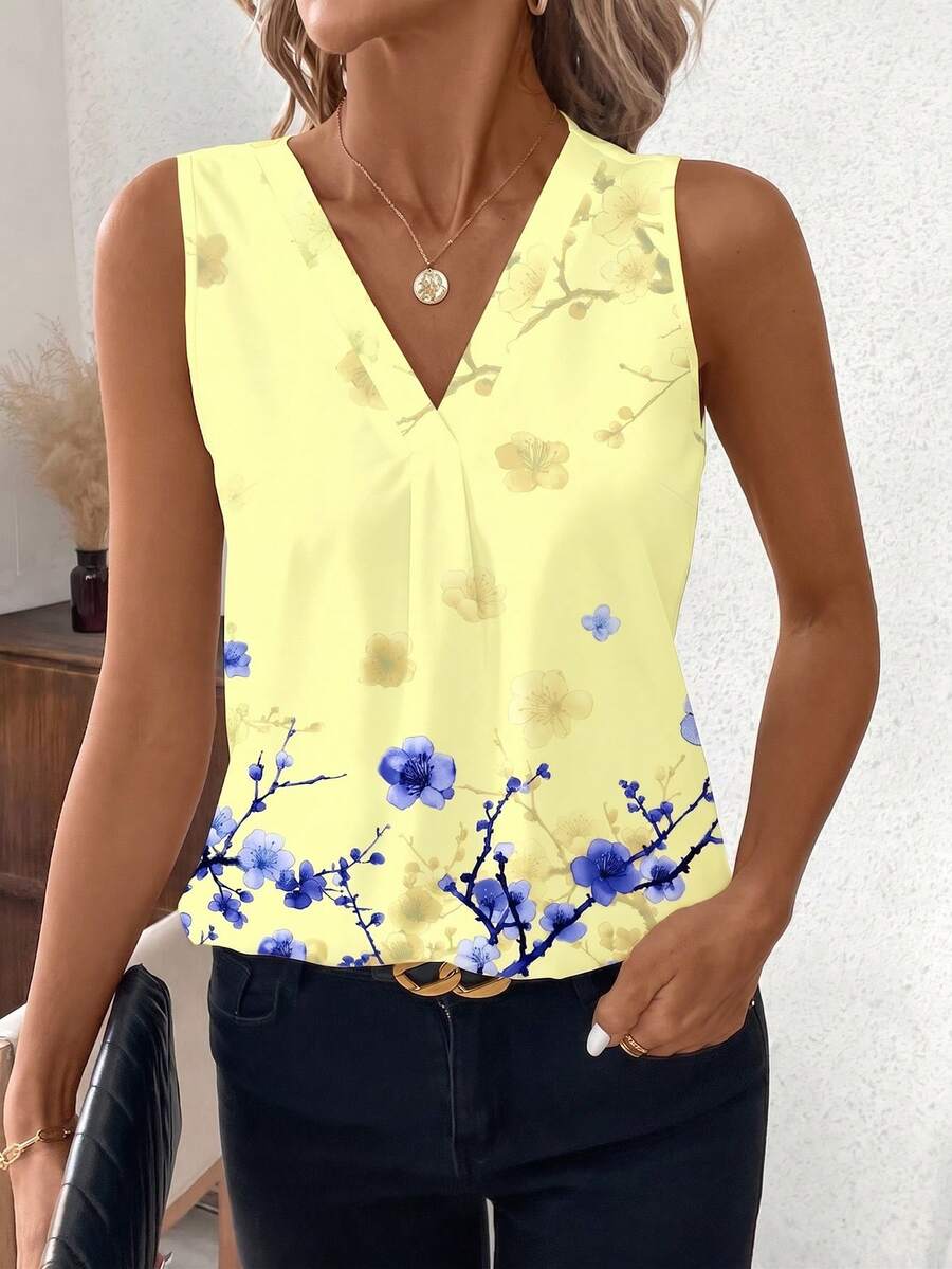 SHEIN Clasi 女款V領無袖梅花印花上衣,休閒日常穿著,奶油黃,適合夏季,時尚百搭大尺碼襯衫 - 彩色 - 查看 1