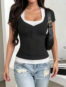 Zavorell Chic Color-Block 2 In 1 Slim Fit T-Shirt - Black - View 3