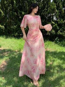 Modelyn 女款花卉印花收腰遮腹百褶大裙擺洋裝 - 粉色 - 查看 8
