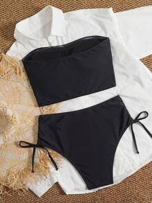 SHEIN Swim 女款兩件式平口比基尼套裝，熱帶可愛碎花高腰泳褲，海灘度假休閒對比色比基尼套裝 - 黑色 - 查看 3