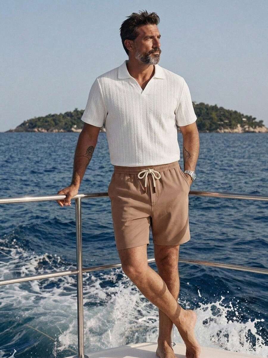 HIMLAND Men's Solid Color Short Sleeve Polo Shirt And Shorts Casual Suit Vacation All White Khaki Summer - White - View 1
