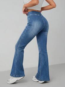 SHEIN PETITE Petite Size Women's Wide Elastic High Waist High Stretch Dusty Blue Lifting Flare Leg Jeans, Multi Pocket Casual Everyday Summer Streetwear Pant - Medium Wash - View 2