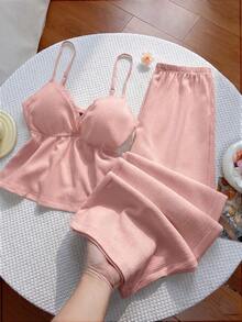 Sweetra Y2K Textured Fabric Patchwork Lace Trim Wide Leg Pants Set, Versatile For Commute And Vacation - Pink - View 5