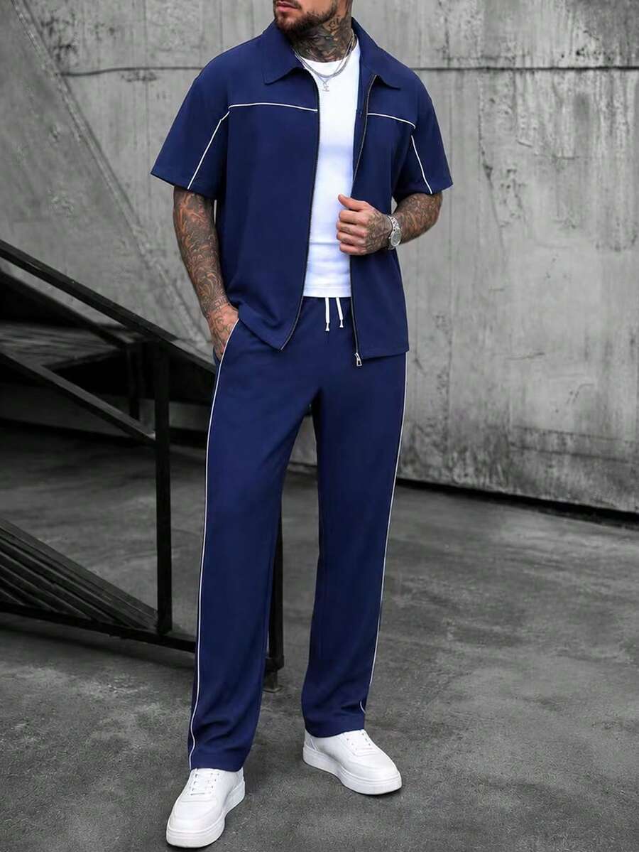 SLATEMANN Kemeja Lengan Pendek Pria dengan Resleting dan Celana Panjang dengan Tali Serut di Pinggang, Pakaian Kasual Sehari-hari - Navy Blue - View 1