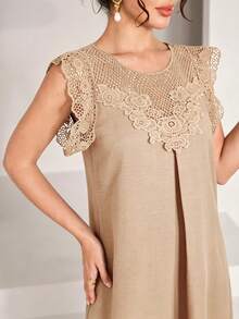 SHEIN Najma 女款圓領花卉蕾絲拼接短袖阿拉伯風洋裝 - 卡其色 - 查看 5