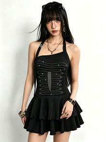 Rina Fox Women's Rhinestone Design Fashion Double Layer Ruffle Hem Halter Neck Dress - Black - View 4