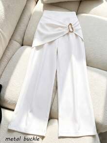 Elenzga Spring Autumn Winter Daily Commute Elegant Metal Buckle High Waist Twisted Knot Apricot Wide Leg Pants Elegant Romantic Exquisite Women's Long Pants - Apricot - View 4