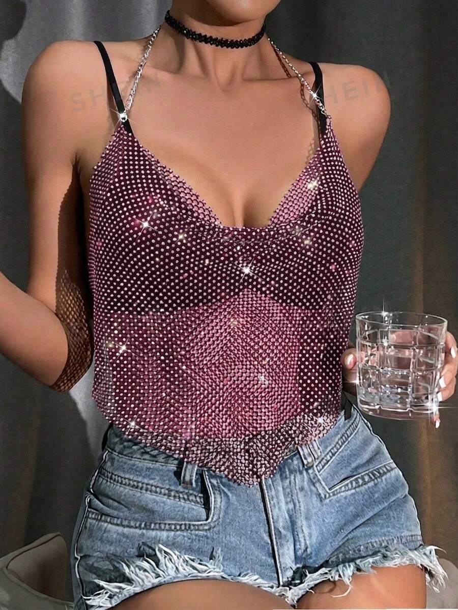 VaVaBold Top de tirantes con superposición de red de malla con tachuelas de strass para ropa de fiesta de vacaciones - Morado - Ver 1