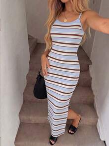 SHEIN Sparklyn Teen Girls Spaghetti Strap Striped Cami Dress With Long Slit,Back-To-School,Cute,Vacation - Blue - View 4