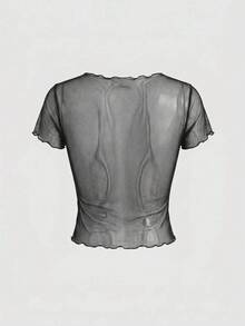 ROMWE Fairycore Women's Hippie Retro Pattern Mesh Short Sleeve Top - Black - View 2