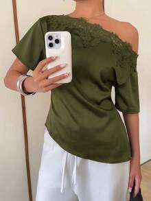 Siren Gaze 女款不對稱領口蕾絲拼接緞面上衣 橄欖綠 夏季 性感優雅 夜生活早午餐外出聚會約會穿搭 - 橄欖綠 - 查看 1
