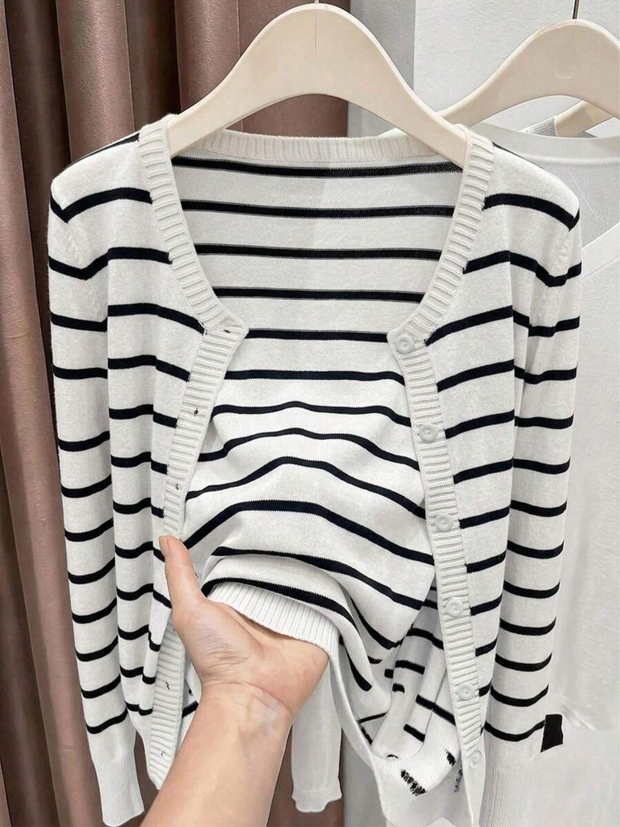 Muvela Cardigan Tipis Kasual Wanita Lengan Panjang Bergaris Kancing Tunggal - MultiWarna - View 1