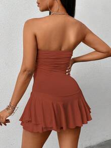 VaVaBold Women's Summer Solid Color Ruched Ruched Hem Jumpsuit - Brown - View 2
