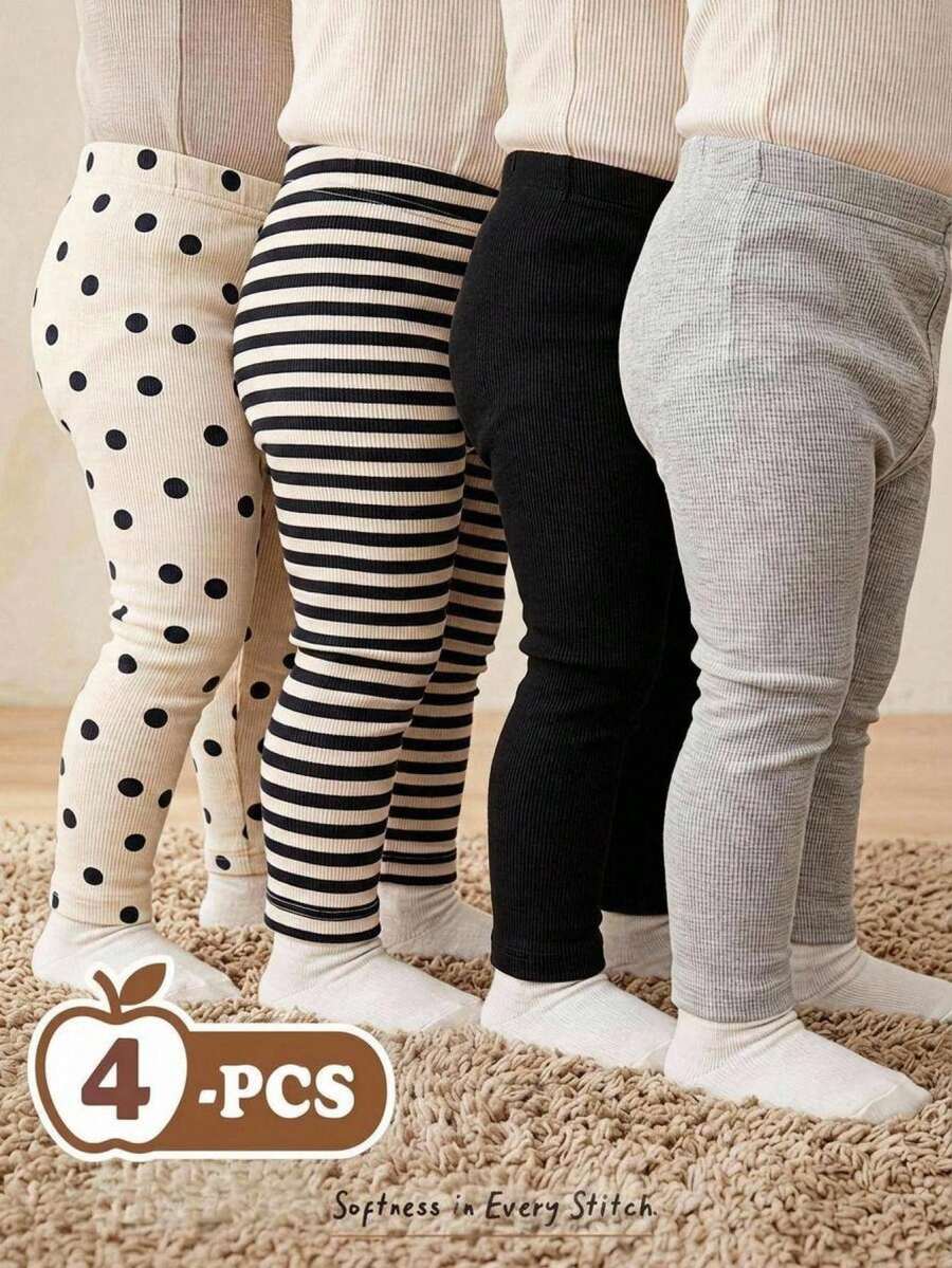 Cozy Pixies 女嬰 4件組針織柔軟彈性腰條紋波點可愛圖案褲子套裝,百搭舒適 - 黑與白 - 查看 1