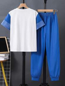 SHEIN Kids Tween Boy Casual Colorblock Patchwork Letter Print Crew Neck Short Sleeve T-Shirt And Shorts Set, Suitable For Commuting, School, Daily Casual, Outings, Sports, Spring And Summer - Blue - View 4