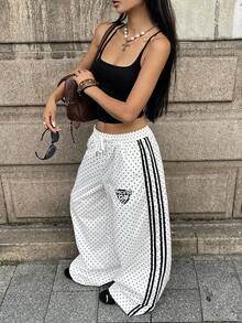 Coolane 女款秋季街頭風 90 年代時尚運動休閒日常穿著 城市度假外出穿搭 黑白波點梭織織帶圖案降落傘褲 - 黑與白 - 查看 4