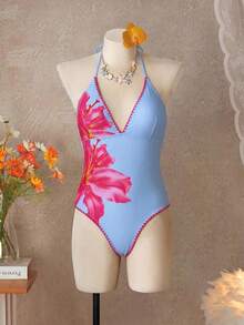 Swim Vcay 春夏度假海灘花卉撞色狗牙邊掛脖綁帶式一件式泳衣 - 彩色 - 查看 3